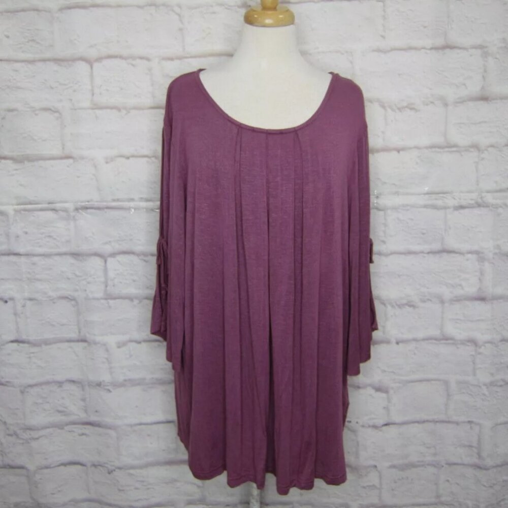 Suzanne Betro Weekend 2X Purple Blouse Pleated Front Split 3/4 Sleeve w/ Tie